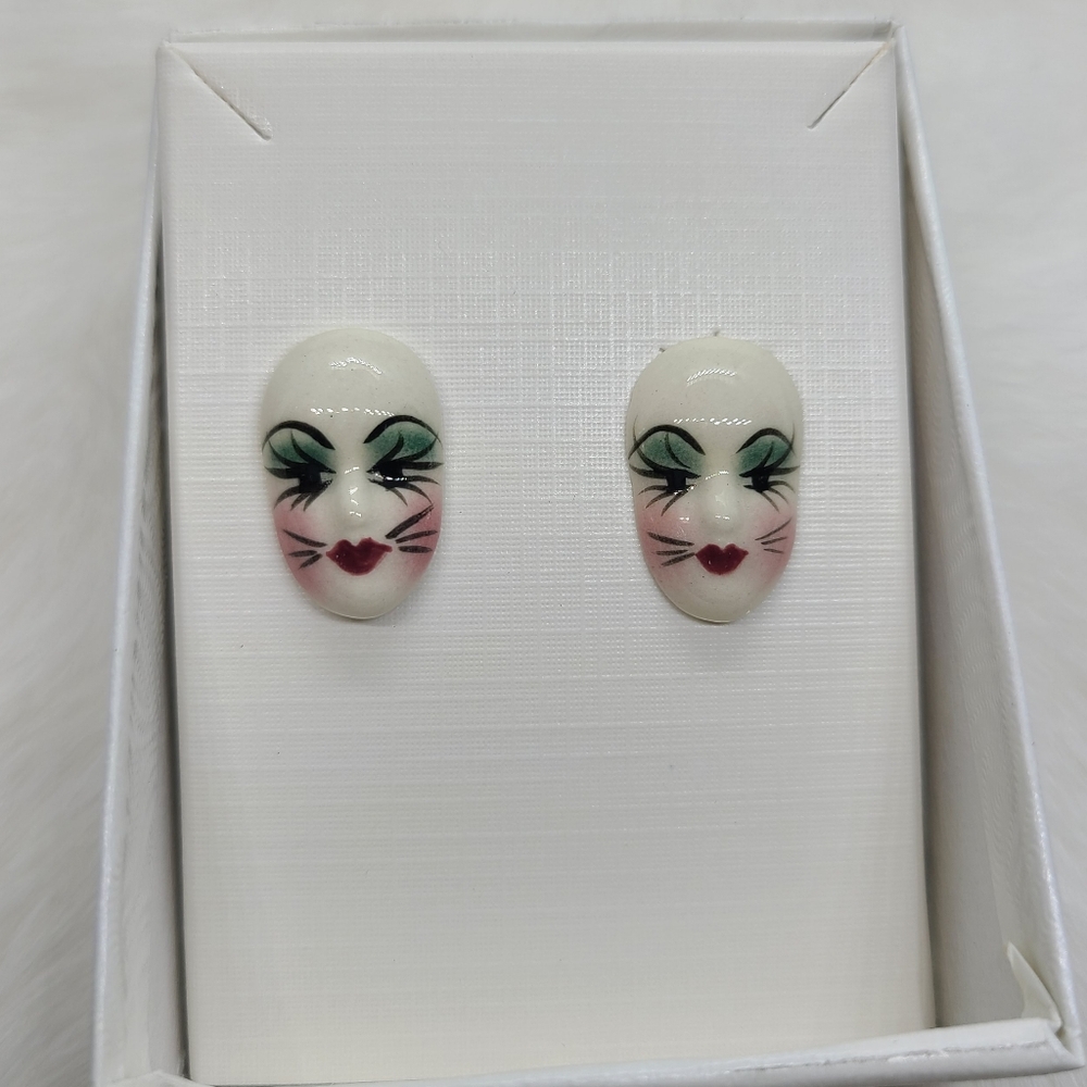 Vintage Fancy Faces Hand Painted Porcelian Mardi Gras Mask Stud Earrings